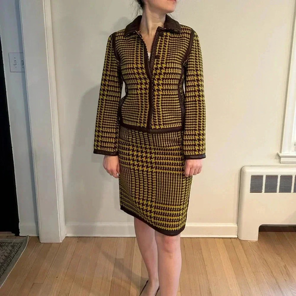 VTG PHILOSOPHY DI ALBERTA FERRETTI Wool houndstooth leather Skirt Jacket Set S - Picture 1 of 16